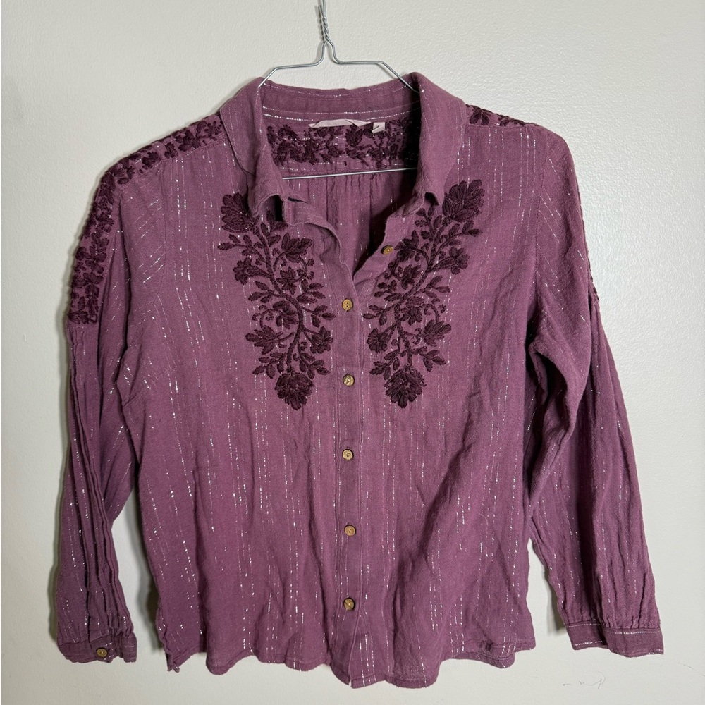 Soft Surroundings Peralta Button Front Embroidered Blouse LG
